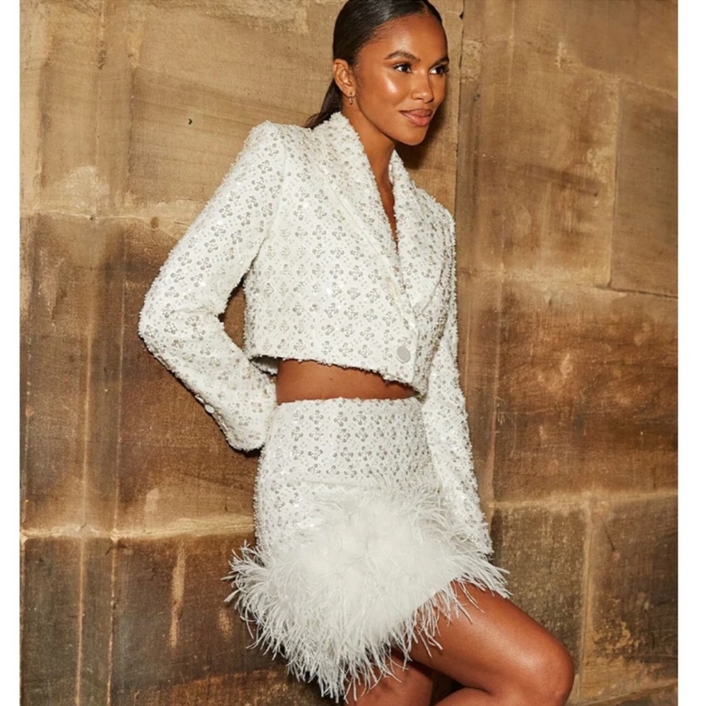 Nadine Merabi White Sequin Blazer and Skirt set